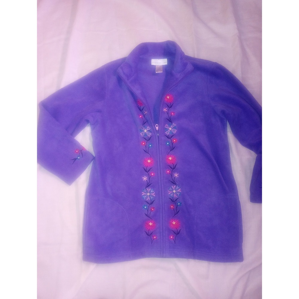 Susan Graver Style Small Purple Fleece Floral Embroidered Zip Jacket Long